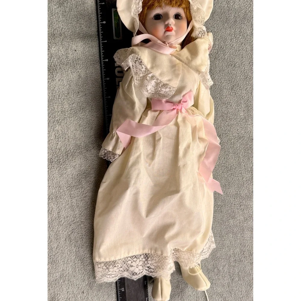 Vintage Musical Porcelain Doll Auburn Hair Lace Dress Bonnet Victorian Style